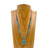 NKY250608-41           18'' silver metal chain with blue turquoise stone and navajo pearl beads with oval turquoise stone pendant Necklace