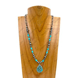 NKY250608-42          18'' silver metal chain with blue turquoise stone and navajo pearl beads with teardrop turquoise stone pendant Necklace