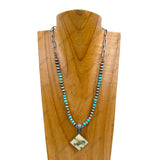 NKY250608-43        18'' silver metal chain with blue turquoise stone and navajo pearl beads with western pendant Necklace