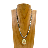 NKY250608-44         18'' silver metal chain with white turquoise stone and navajo pearl beads with western pendant Necklace