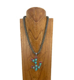 NKY250622-10            21’' silver Navajo pearl beads with blue and brown turquoise stone cactus pendant Necklace