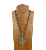 NKY250622-11           21’' silver Navajo pearl beads with green turquoise stone cactus pendant Necklace