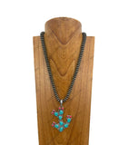 NKY250622-12          21’' silver Navajo pearl beads with blue turquoise stone cactus pendant Necklace