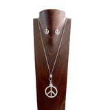 NKY250630-02              32 '' Silver metal chain with silver peace sign Necklace and Earrings Set