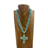NKY251014-01             17'' L Double strings Turquoise chips with cross pendent Necklace