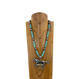NKY251123-02              24‘’ Silver Navajo pearl and blue roundel turquoise stone beads with large silver horse pendent Necklace