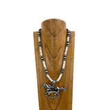 NKY251123-03             24‘’ Silver Navajo pearl and white roundel turquoise stone beads with large silver horse pendent Necklace