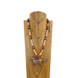 NKY251123-04             24‘’ Copper Navajo pearl and orange roundel turquoise stone beads with large copper horse pendent Necklace