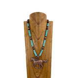 NKY251123-05             24‘’ Copper Navajo pearl and orange roundel turquoise stone beads with large copper horse pendent Necklace
