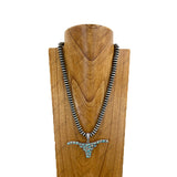 NKY251221-08              22'' Silver roundel Navajo pearl beads with blue turquoise stone long horn pendent Necklace