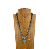 NKY251221-08              22'' Silver roundel Navajo pearl beads with blue turquoise stone long horn pendent Necklace