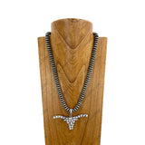 NKY251221-08              22'' Silver roundel Navajo pearl beads with blue turquoise stone long horn pendent Necklace