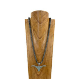 NKY251221-11              36'' Silver roundel Navajo pearl beads with blue turquoise stone long horn pendent Necklace (Copy)