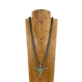 NKY251221-11              36'' Silver roundel Navajo pearl beads with blue turquoise stone long horn pendent Necklace (Copy)