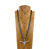 NKY251221-11              36'' Silver roundel Navajo pearl beads with blue turquoise stone long horn pendent Necklace (Copy)