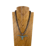 NKY251221-14           22'' Copper roundel Navajo pearl beads with blue turquoise stone long horn pendent Necklace (Copy)