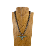 NKY251221-14           22'' Copper roundel Navajo pearl beads with blue turquoise stone long horn pendent Necklace (Copy)