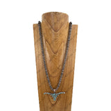 NKY251221-17             36'' Copper roundel Navajo pearl beads with blue turquoise stone long horn pendent Necklace (Copy) (Copy)
