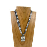 NKY251228-04                   Black and white Silk feeling scarf with western pendent Necklace