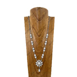NKY251230-01-WHITE                       31'' Silver metal chain with white turquoise stone flower concho pendent Necklace