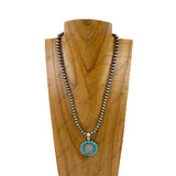 NKY251230-05SL-01                    18'' Silver Navajo pearl beads with blue turquoise coin pendent Necklace