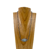 NKY251231-05                     21'' Silver metal chain with blue turquoise stone oval pendent Necklace