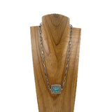 NKY251231-07                  21'' Silver metal chain with green turquoise stone square pendent Necklace