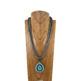NKY251231-21                      24'' triple silver Navajo pearl beads strings with blue turquoise stone teardrop pendent Necklace