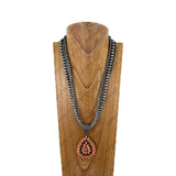 NKY251231-21                      24'' triple silver Navajo pearl beads strings with blue turquoise stone teardrop pendent Necklace