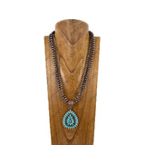 NKY251231-24                24'' triple copper Navajo pearl beads strings with blue turquoise stone teardrop pendent Necklace