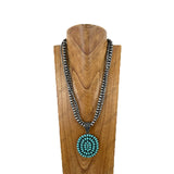 NKY251231-28                24'' triple silver Navajo pearl beads strings with blue turquoise stone oval pendent Necklace