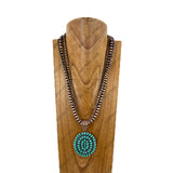 NKY251231-28                24'' triple silver Navajo pearl beads strings with blue turquoise stone oval pendent Necklace