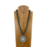 NKY251231-20                  24'' silver roundel Navajo pearl beads with large green stone circle pendent Necklace