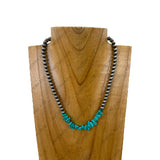 NKY251231-32                16'' silver Navajo pearl beads with green turquoise chips Necklace