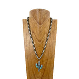 NKY251231-39                   22'' Silver Navajo pearl beads with blue turquoise stone Cactus pendent Necklace