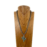 NKY251231-40                   22'' Silver Navajo pearl beads with green turquoise stone Cactus pendent Necklace