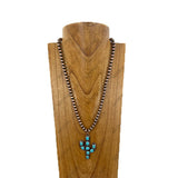 NKY251231-41                     22'' Copper Navajo pearl beads with blue turquoise stone Cactus pendent Necklace