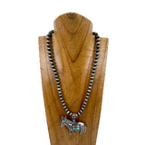 NKY251231-42                   18'' Silver Navajo pearl beads with silver metal donkey and blue turquoise stone center piece pendent Necklace