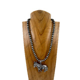 NKY251231-43                  18'' Silver Navajo pearl beads with silver metal donkey with black stone center piece pendent Necklace
