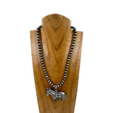 NKY251231-44                   18'' Silver Navajo pearl beads with silver metal donkey with blue & brown stone center piece pendent Necklace