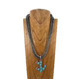 NKY251231-45                  24'' Double silver Navajo pearl beads strings with blue turquoise stone Cactus pendent Necklace