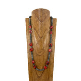NKY251231-76                   31'' Silver Navajo pearl with red coral nuggets Necklace