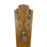 NKY251231-81                  24'' silver Navajo pearl and blue turquoise stone beads with silver metal cross Necklace