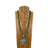 NKY251231-82                        28'' silver Navajo pearl and green turquoise stone beads with silver metal cross Necklace