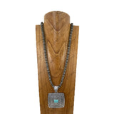 NKY251231-85                         33'' silver roundel Navajo pearl beads with metal square pendent Necklace