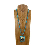 NKY251231-89                    31'' silver Navajo pearl beads and blue roundel turquoise stone beads with rectangle western cowgirl pendent Necklace