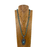 NKY251231-90                       34'' silver Navajo pearl beads and blue roundel turquoise stone beads with metal oval pendent Necklace