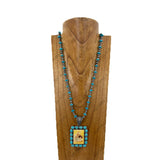 NKY251231-91                 34'' silver Navajo pearl beads and blue roundel turquoise stone beads with rectangle western cowgirl pendent Necklace