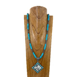 NKY251231-93                  34'' silver roundel Navajo pearl beads and blue roundel turquoise stone beads with square western cowboy pendent Necklace