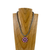 NKY251231-94                      16'' silver Navajo pearl beads with hot pink flower concho pendent Necklace